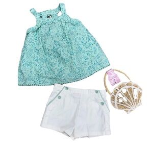 NWT Tommy Bahama Outfit 3pc Girls 3T Shorts Swing Top & Straw Purse Seashell